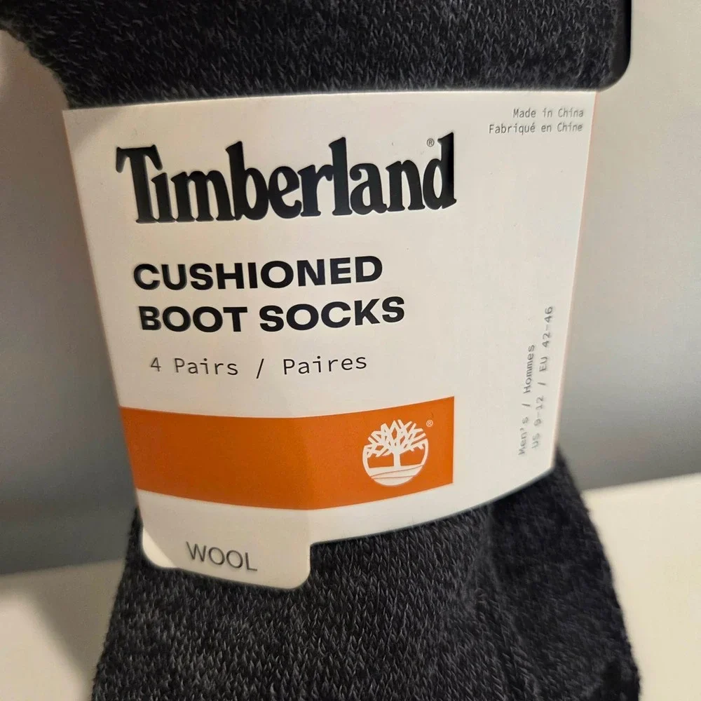 Timberland Mens Cushioned Boot Socks 4 Pairs Wool Blend  Black Size 9-12 NEW